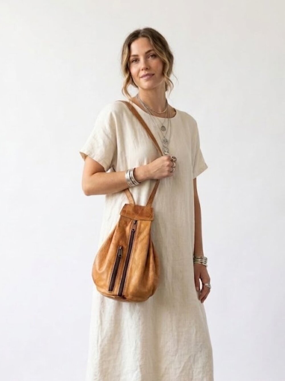 Vintage Distressed Leather Sling Bag Backpack Purse Tan Cognac Boho